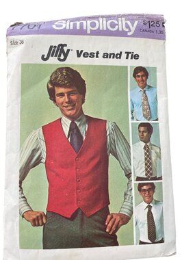 Vintage 70s Simplicity 7701 Sewing Pattern Size 36 Jiffy Mens Vest and Tie CUT